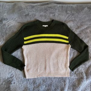 green and tan striped sweater
